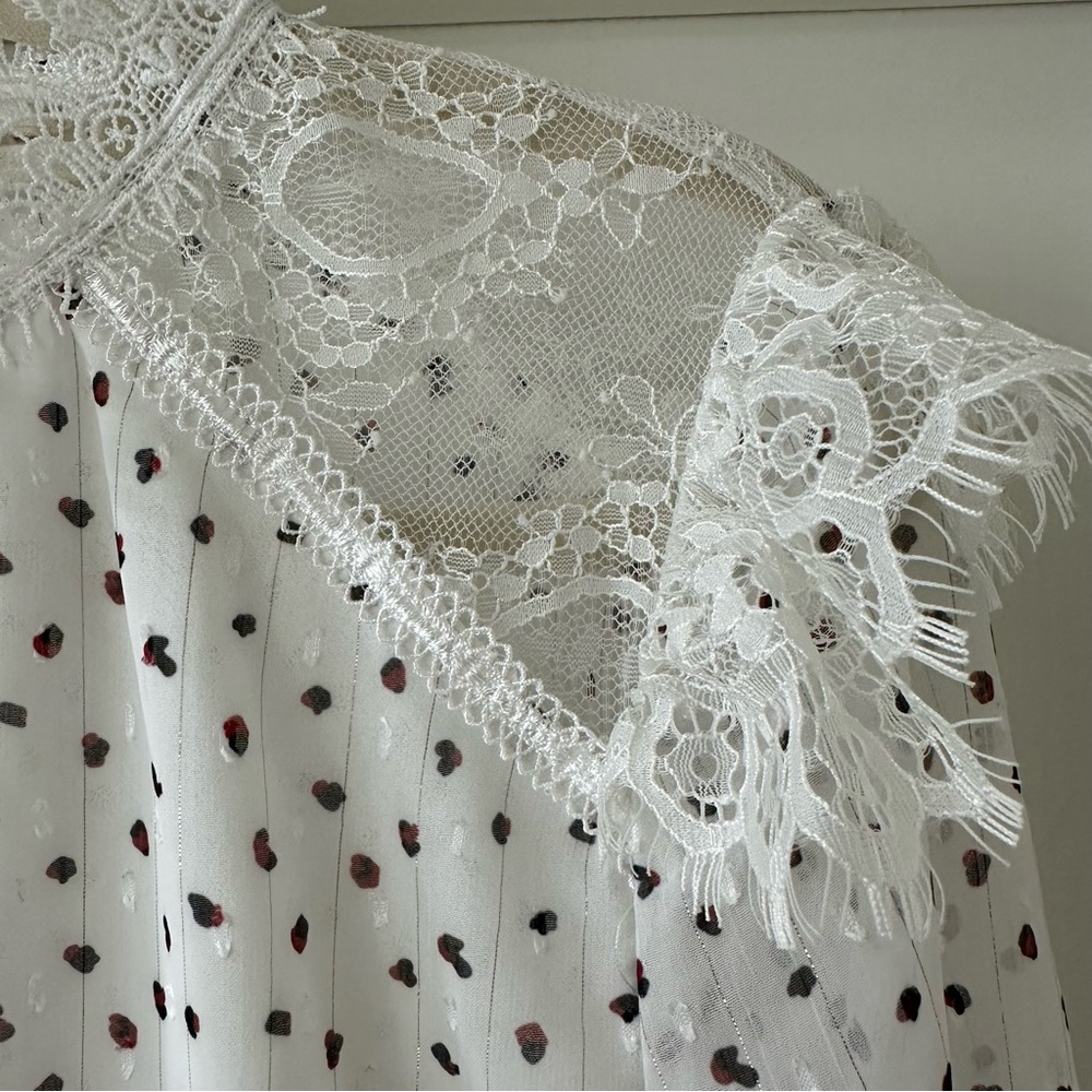Promesa White Lace Victorian Style Blouse w/ Black & Red Polka Dots, Size Medium - Picture 2 of 10